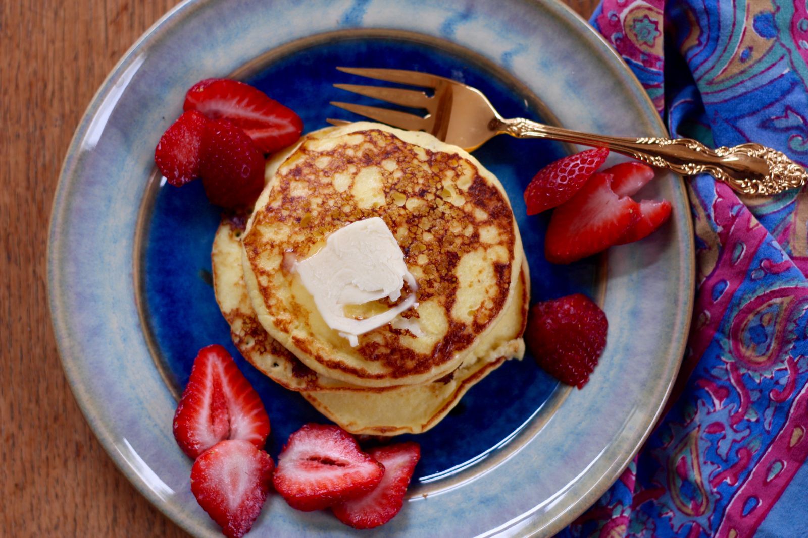 Cottage Cheese Pancakes with sliced strawberries